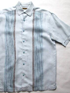 CUBAVERA Powder Blue 99% Linen - SS - Size M Cabana Shirt - Brown Embroidery